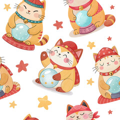 seamless watercolor pattern cat on white background	
