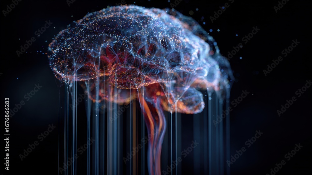 Poster a visually striking, abstract representation of a brain composed of vibrant colors and intricate con