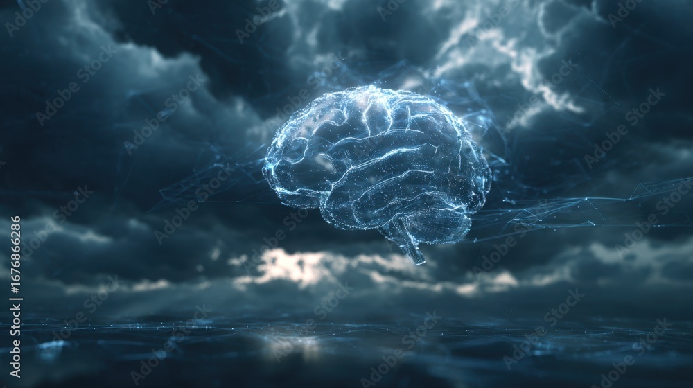 Poster a digital representation of a brain amidst dark clouds, symbolizing thought, technology, and the int