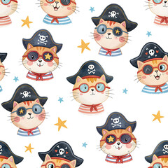 seamless watercolor pattern cat halloween theme on white background	
