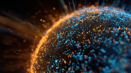 A mesmerizing digital representation of a globe, featuring vibrant blue and orange particles radiating outward, symbolizing connectivity and data flow.
