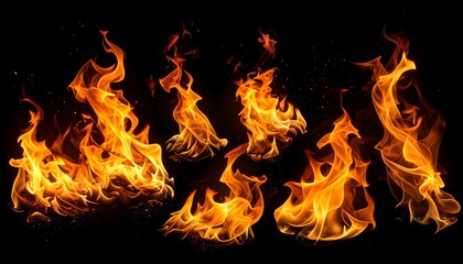 Isolated flames of various shapes and sizes against a black background.