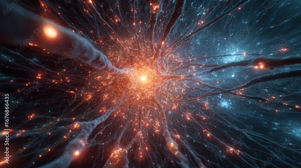 Poster a vibrant, abstract representation of neural connections, showcasing glowing nodes and intricate pat