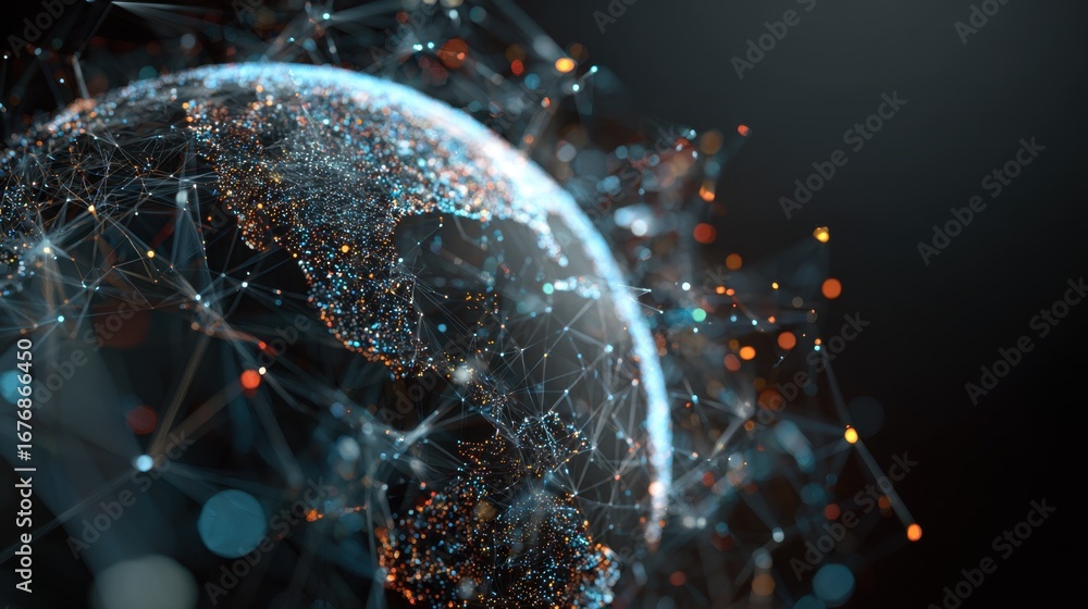 Poster a digital representation of earth, showcasing interconnected networks of light and data, symbolizing