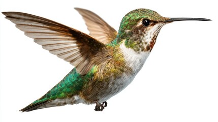 Fototapeta premium A vibrant hummingbird in mid-flight, showcasing its iridescent feathers and graceful wings against a clean background.