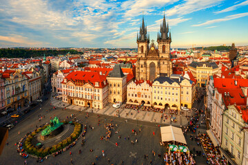 Prague, Czech Republic. Top view. Old Town Square and Church of Mother of God before Tyn in Prague, Czech Republic. Meeting place for tourists. Architecture and landmark of Prague.
