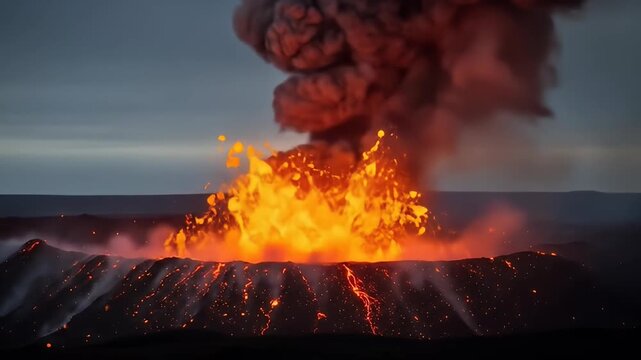 Glowing lava spews forth from a volcano under a dusky sky, smoke billowing upwards