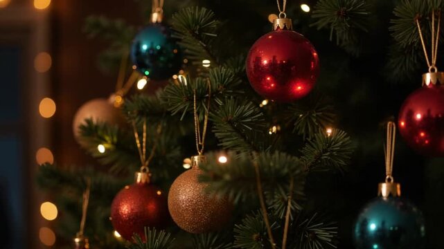 A decorated Christmas tree with colorful ornaments and twinkling lights creates a magical atmosphere