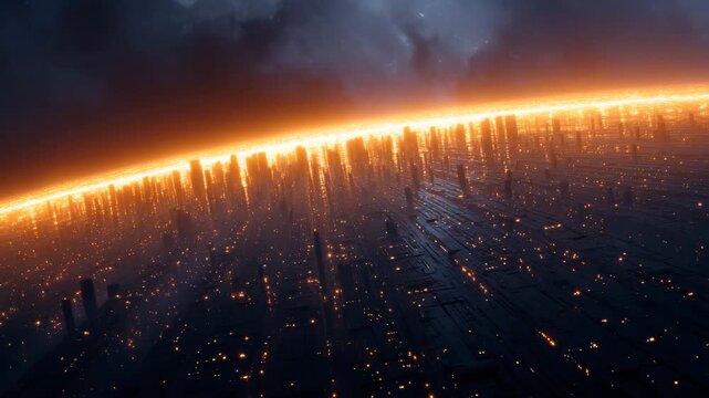 City's Skyline at Dusk: An evocative shot of a city skyline, bathed in the warm glow of dusk, creates an atmosphere of both wonder and technological progress.