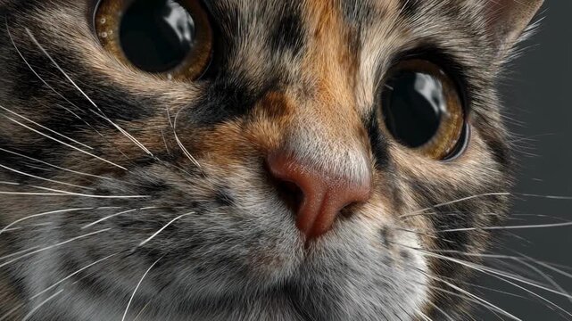 A close-up, photorealistic shot of a cute cat's face.