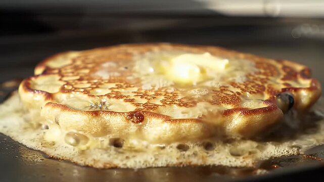 Golden brown pancake sizzles on a flat top with melting butter