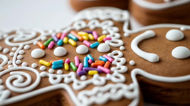 Decorated gingerbread man cookie with icing and colorful sprinkles, closeup, macro lens