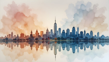 Obraz premium Watercolor skyline of a modern city reflecting on the water with a beautiful and artistic touch