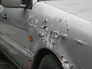 Car paint deterioration body and part rusted and cracked, Car care and body paint concept