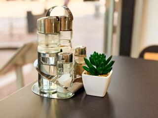Condiment set with salt, pepper and oil bottles placed beside small decorative plant on cafe table....