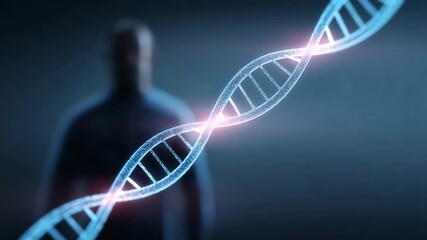 DNA Strand and Silhouette: This image showcases a striking depiction of a glowing DNA strand, set against the soft silhouette of a person. - Powered by Adobe