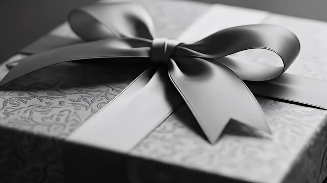 Elegant wrapped gift box with elaborate bow in grayscale, textured paper