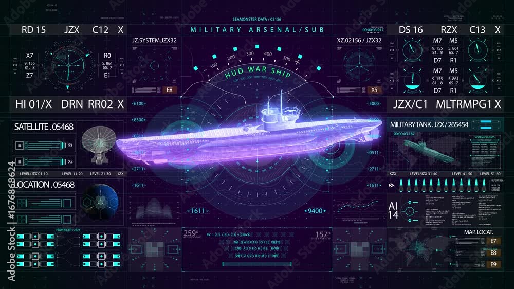 Aufkleber submarine hologram interface: futuristic naval technology display and data analysis