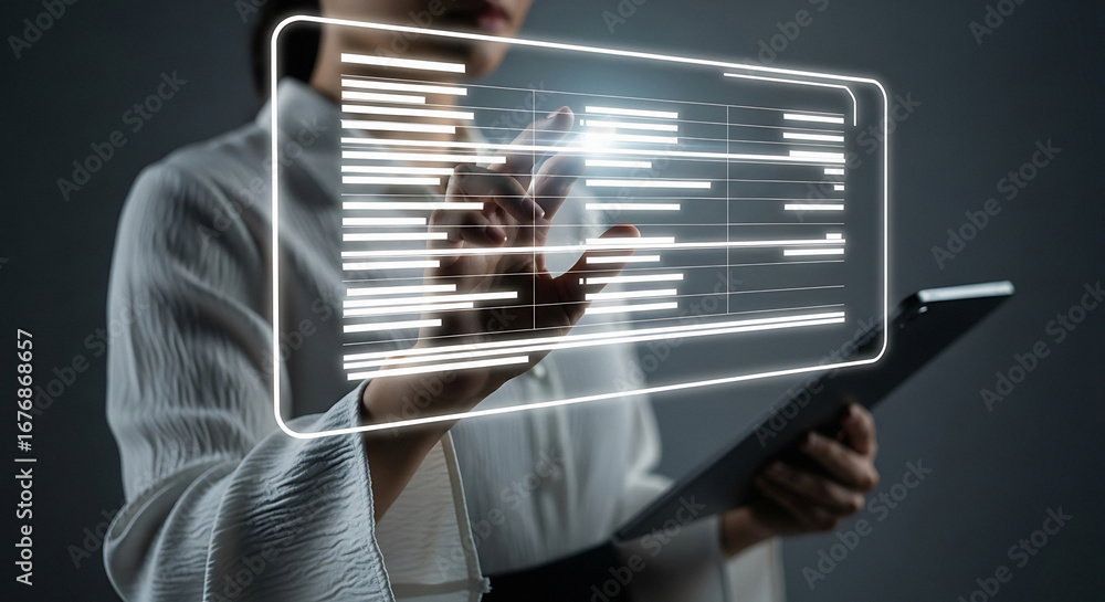 Poster woman interacting with a futuristic interface displaying data while holding a tablet in her hand