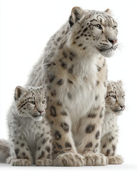 Fototapeta premium Snow leopard with cubs—thick plush winter coat, elegant studio wildlife portrait