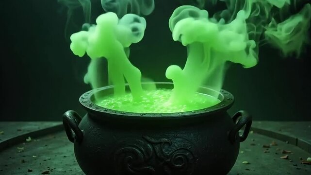 Eerie green potion bubbling and steaming in a cast iron cauldron, perfect for Halloween themes, spooky vibes, or witchy concepts, creating a mystical atmosphere