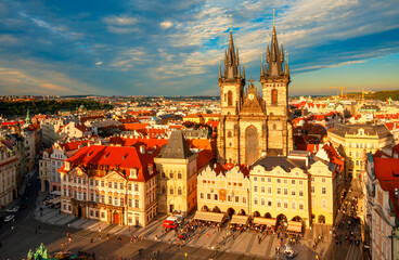 Prague, Czech Republic. Top view. Old Town Square and Church of Mother of God before Tyn in Prague, Czech Republic. Meeting place for tourists. Architecture and landmark of Prague.