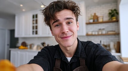 Young male chef with tousled hair smiling at camera in modern kitchen, showcasing culinary skills and vibrant ingredients, creating a warm and inviting atmosphere for food enthusiasts