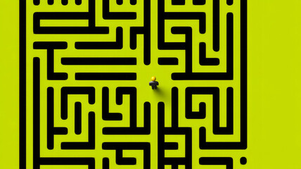Person navigating a complex maze on yellow background.