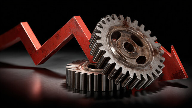rusty gear wheels halting behind red descending arrow industrial slowdown idea illustration concept scene visual for commercial design use high detail quality stock image illustration concept scene