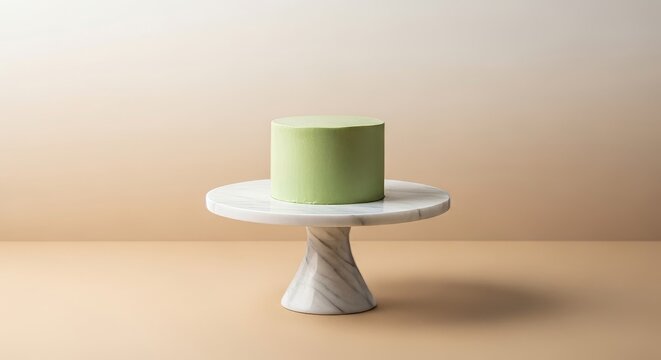 A light green cake sits on a white marble stand against a gradient beige background