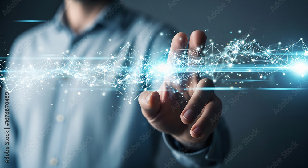 Poster man interacting with digital network interface with glowing connections and data streams visible
