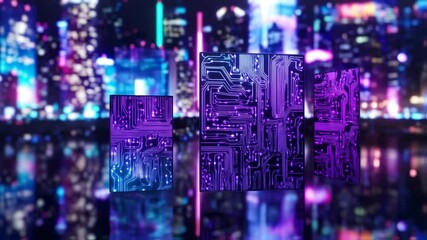 Futuristic city screens with circuit board design