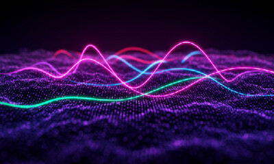 Energetic abstract background with glowing neon lines crossing blurry waves, evoking a sense of spiritual energy and digital transformation.