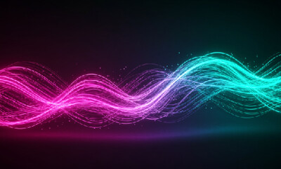 Mystical digital background featuring flowing neon waves and radiant glowing lines, symbolizing the flow of spiritual energy in a futuristic digital universe.