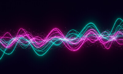 Soft glowing neon waves combined with sharp bright lines on a dark background, illustrating a futuristic spiritual energy concept with digital aesthetics