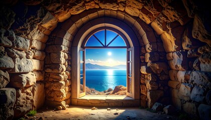 Ancient window overlooking sea