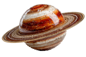 Mesmerizing 3D render of saturn with swirling colors and glittering ring particles on transparent background