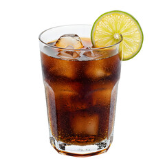 Chilled spiced rum and cola cocktail in frosted glass with ice shards and lime wheel, refreshing drink concept. Isolated on white or transparent background. PNG format.