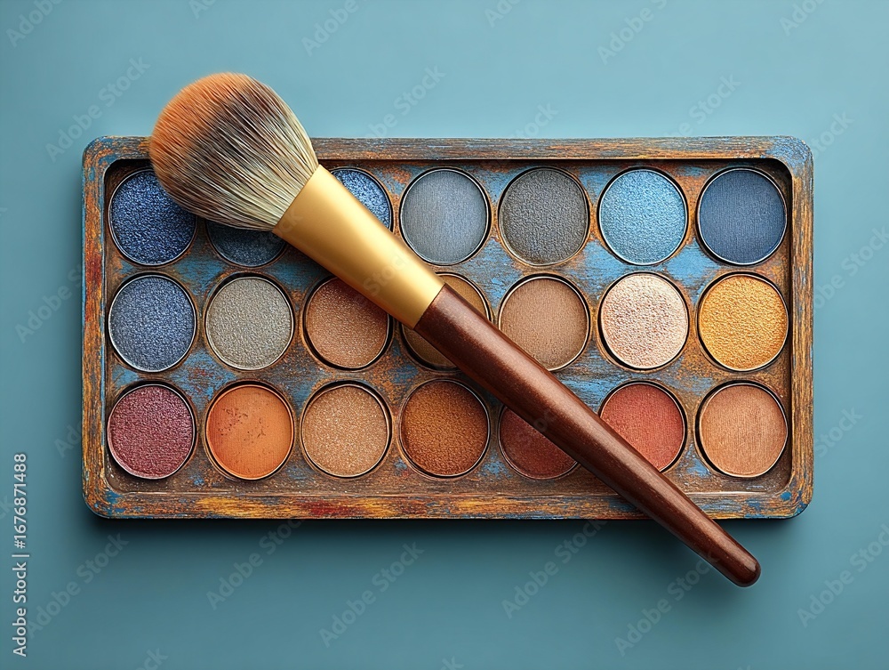 Poster a close-up view of a colorful palette with a brush on a blue background