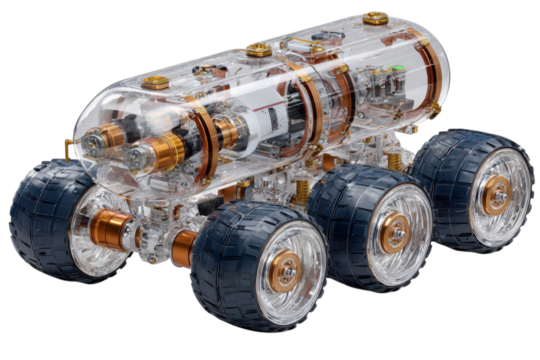 Detailed view of a transparent rover model with intricate internal mechanisms shown off on transparent background