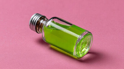 Glass bottle with green liquid on a pink background.