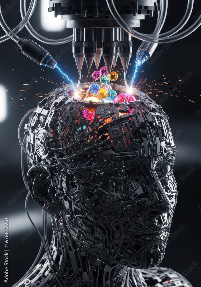Poster futuristic cyborg head with interconnected circuitry and glowing brain interface
