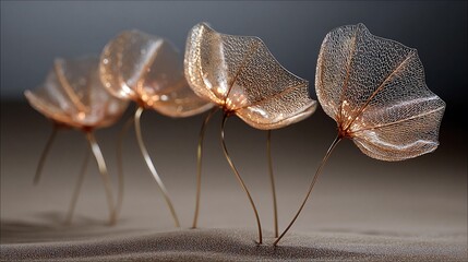 four bronze-colored leaf-like objects arranged closely together on a sandy surface