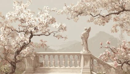Pastel-toned balcony with blossoming cherry trees, angel statue, and misty mountains