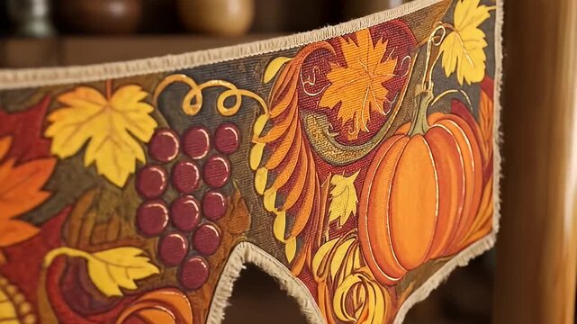 An autumnal fabric banner with painted pumpkins, grapes, leaves, and cornucopia details
