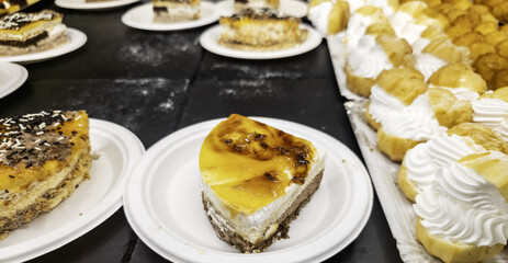 Pieces of cake in a pastry shop