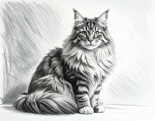 Obraz premium Detailed grayscale drawing of a majestic Maine Coon cat, showcasing its fluffy fur and serene expression.