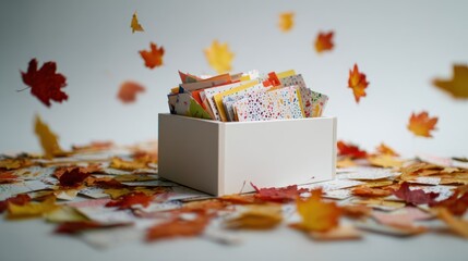 Empty gift box surrounded by colorful autumn leaves on a white background
