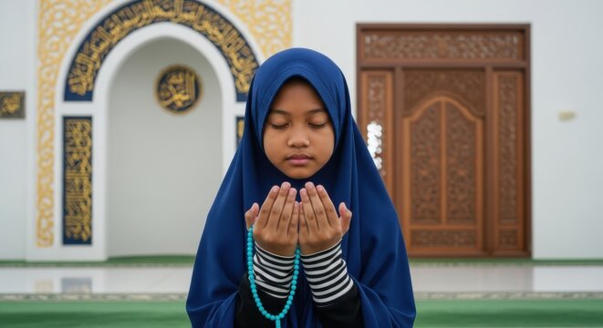 Young muslim girl in blue hijab praying with rosary in front of a mosque