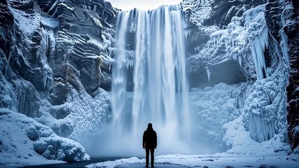 Distant figure stands before icy waterfall cascading down a snow-covered cliffside - Powered by Adobe
